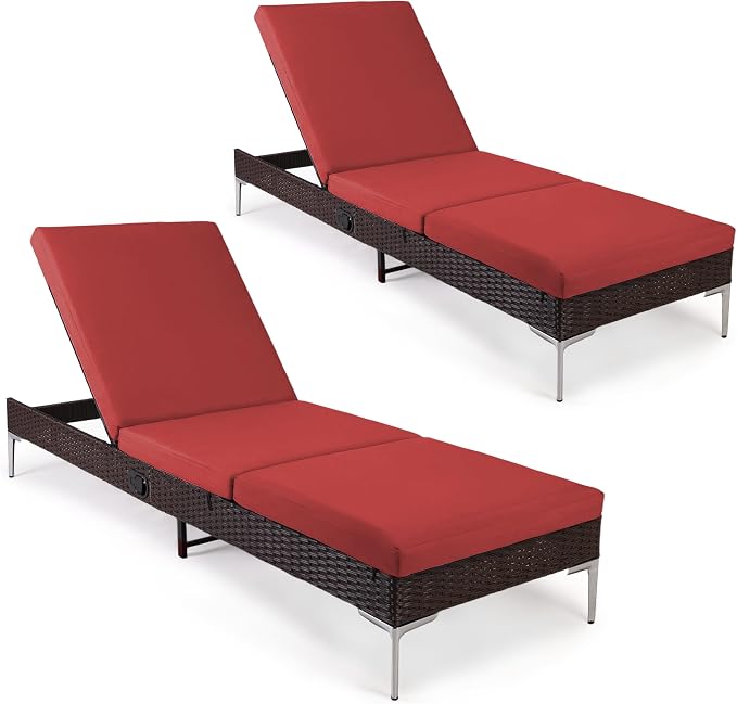 HOMREST Outdoor Lounge Chairs Set of 2, Patio Wicker Chaise Lounge - Image 6
