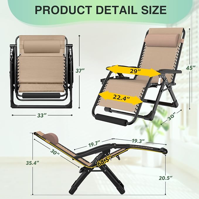 Suteck Oversized Zero Gravity Chair, 29In XL Outdoor Recliner Chair w/Removable - Image 2