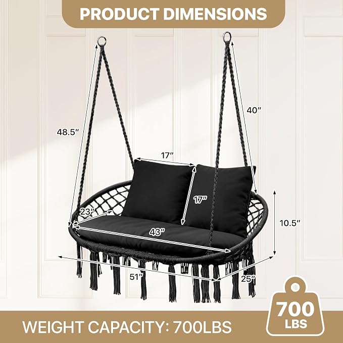 MoNiBloom 2 Seat Hammock Chair Hanging Macrame Swing 3 Cushions Included - Image 2