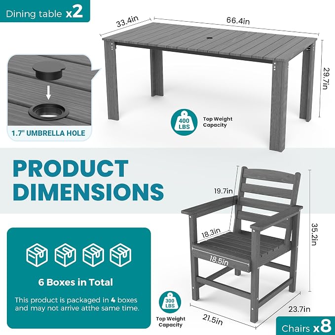 Outdoor HDPE Dining Table Set, 10-Piece Outdoor Dining Table Sets, Wood Grain - Image 5