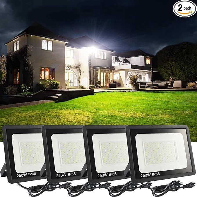 4Pack LED Flood Light Outdoor, 250W LED Work Light 25500lmwith 6FT US Plug by MUCLUD