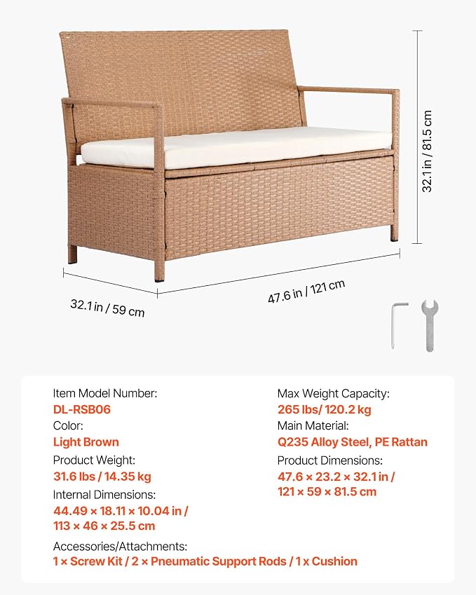 VEVOR Outdoor Storage Bench, 2-Person PE Rattan Storage Bench, 70 Gal Deck Box - Image 3