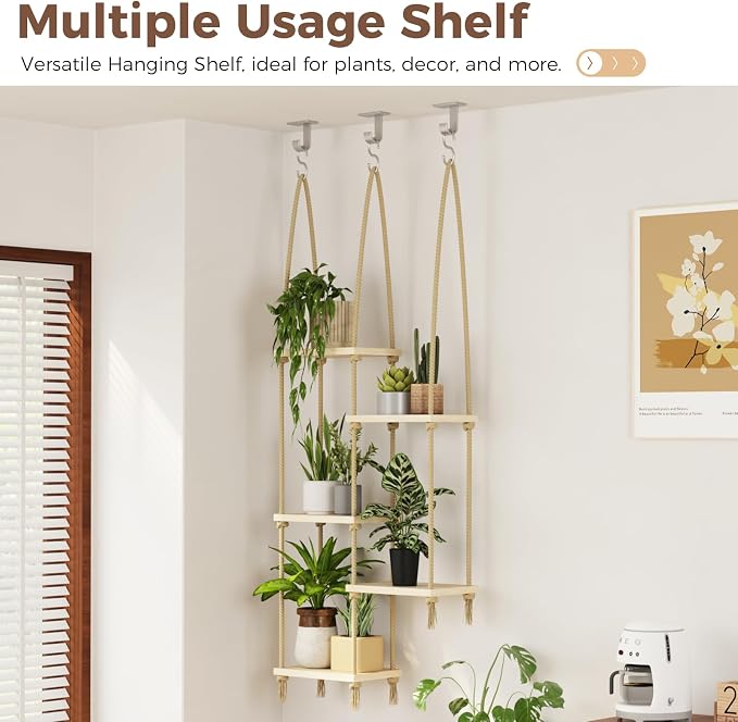 Bamworld Hanging Shelves Plant Hanger Indoor Window Plant Shelves Wood Plant - Image 8