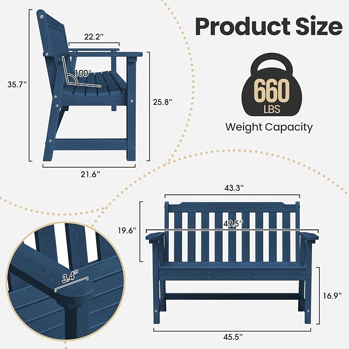 Ciokea 49" Heavy Duty Outdoor Bench, HDPE Weatherproof Porch Benches, Durable - Image 2