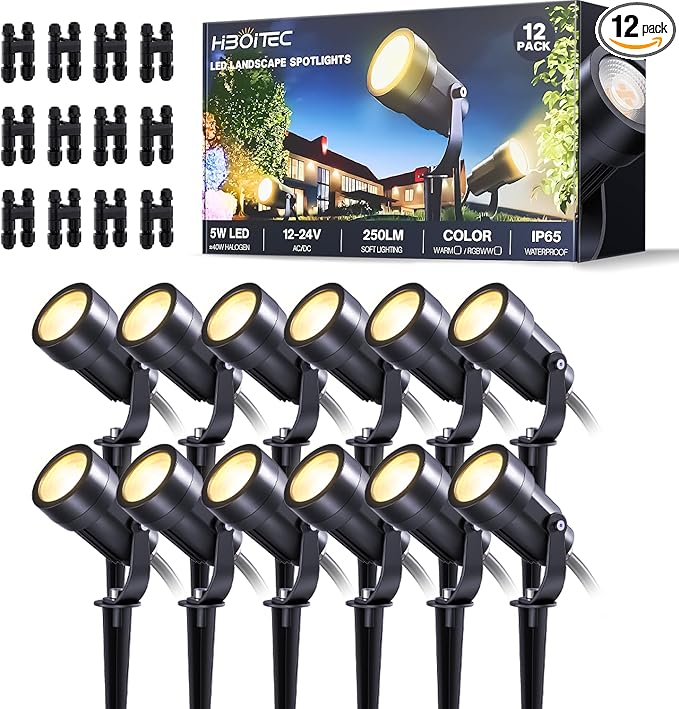HIBOITEC 12 Pack Low Voltage Landscape Lighting, 5W LED Landscape Spotlights by HIBOITEC