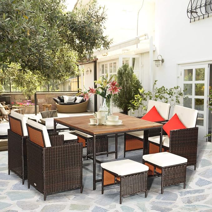 Tangkula 9 Pieces Patio Acacia Wood Table and Chairs Set - Image 3