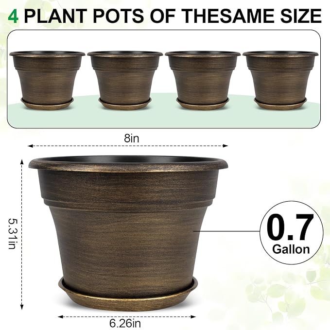 Plant Planters Pots Set of 4 Pack 8 Inch, Plastic Flower Pot - Image 3