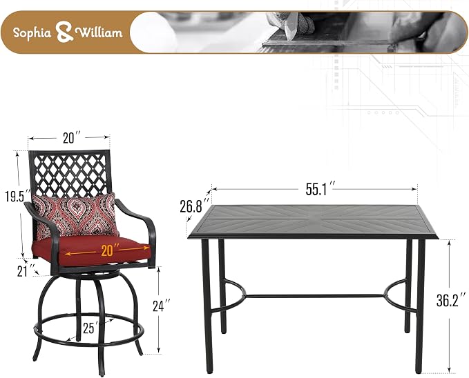 Sophia & William Patio Bar Set 5 Piece Outdoor High Dining Table and Chairs Set - Image 7