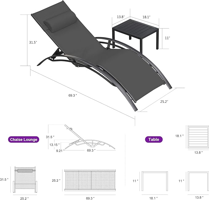 PURPLE LEAF Patio Chaise Lounge Set of 3 Outdoor Lounge Chair Beach Pool - Image 2