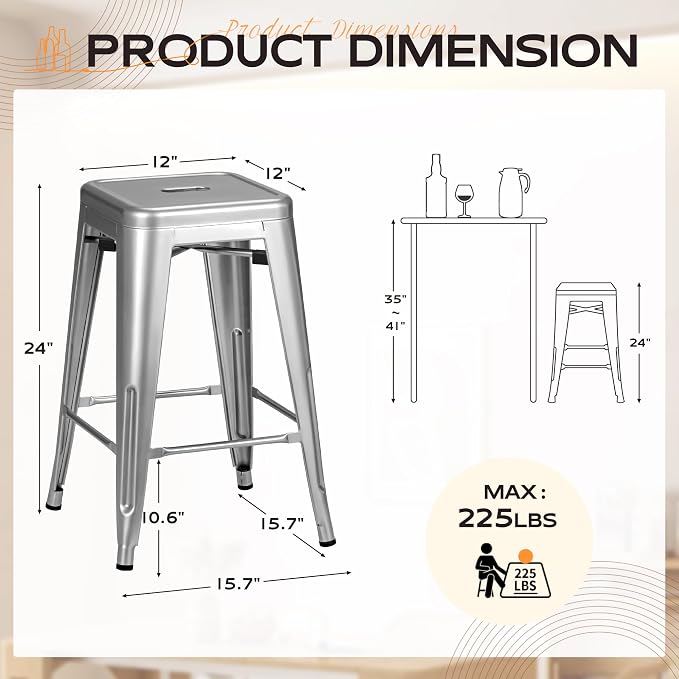 Furmax 24 Inch Metal Bar Stools Set of 4, Counter Height Bar Stools Height High - Image 3
