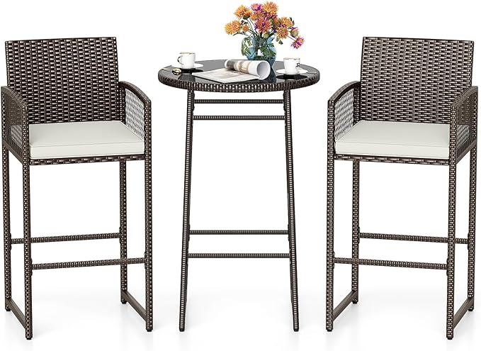 Tangkula 3 Piece Patio Bar Set, Outdoor Wicker Bar Height Glass Top Table & 2 by TANGKULA
