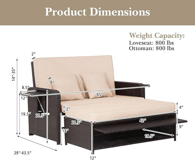 LDAILY Moccha Outdoor Daybed, Wicker Loveseat Sofa Set - Image 9