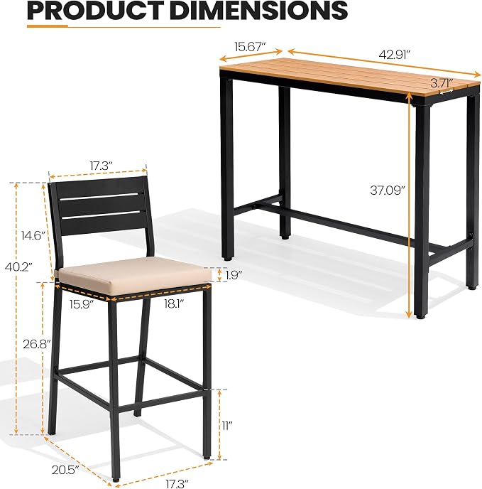 Crestlive Products Outdoor Bar Table and Chairs Set, 3 Piece Outside Patio Bar - Image 2