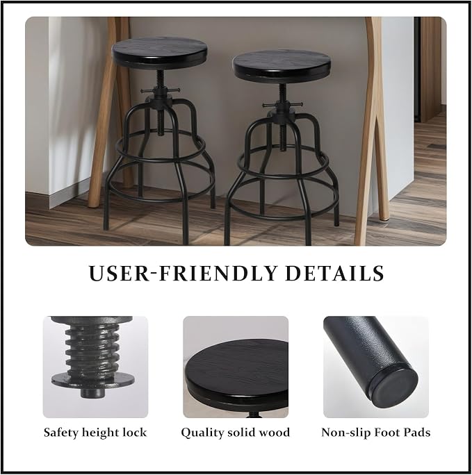 LOKKHAN Vintage Industrial Bar Stool-Rustic Swivel Bar Stool-Round Walnut Wood - Image 5