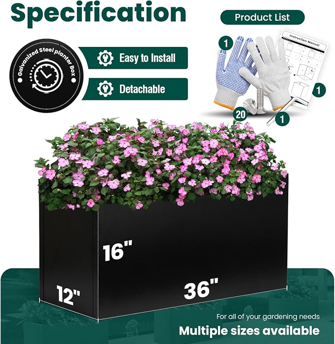 Black Planter Box Galvanized Steel Rectangular Metal Planter 36" L x 12" W x - Image 3