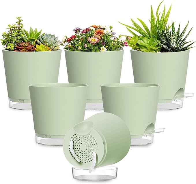Plant Pots 4 Inch Self Watering Pots, 6 Pack Plastic Planters by SQKH
