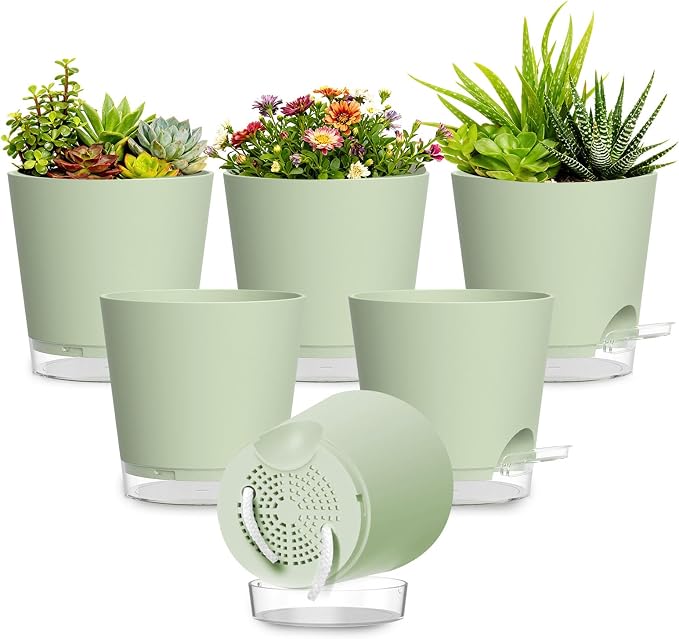 Plant Pots 5 Inch Self Watering Pots, 6 Pack Plastic Planters by SQKH