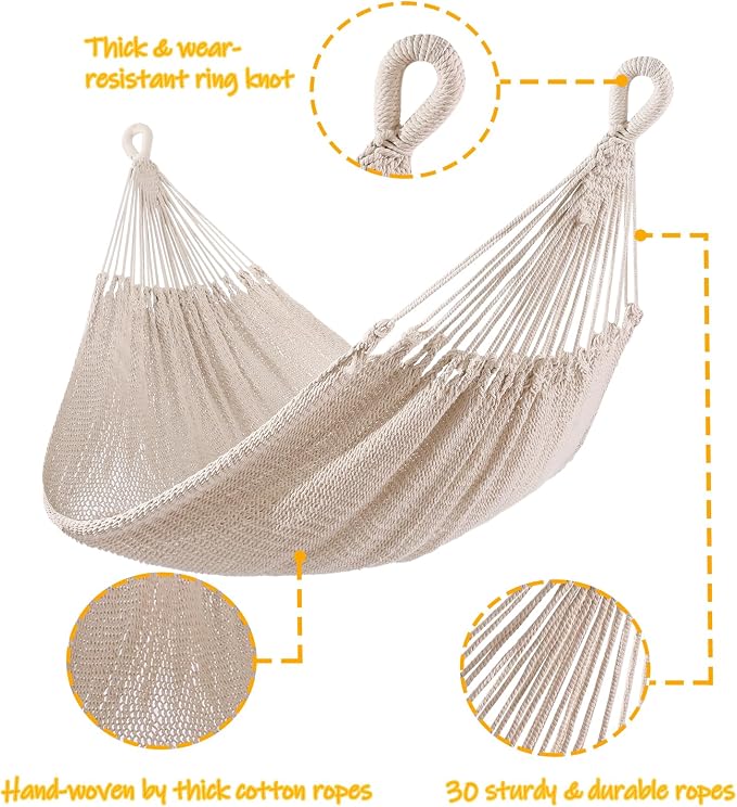 ZEAN Handwoven Hammock by Thick Cotton Rope XXL Two Person Hammock - Image 5