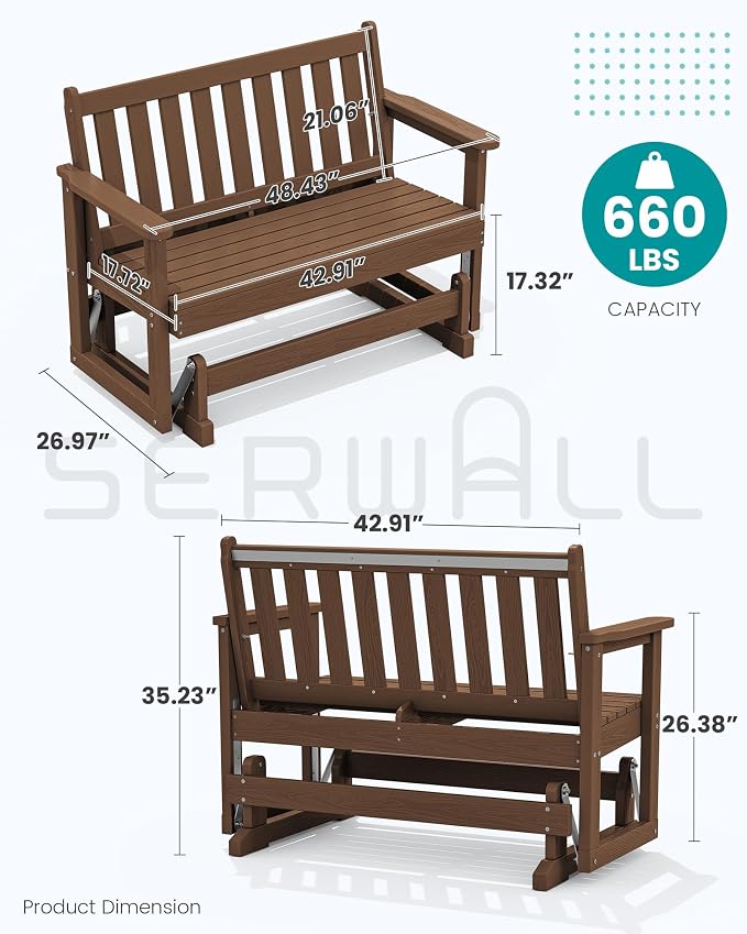 SERWALL Outdoor Glider Bench Set of 2, HDPE Weather-Resistant Swinging Bench - Image 2