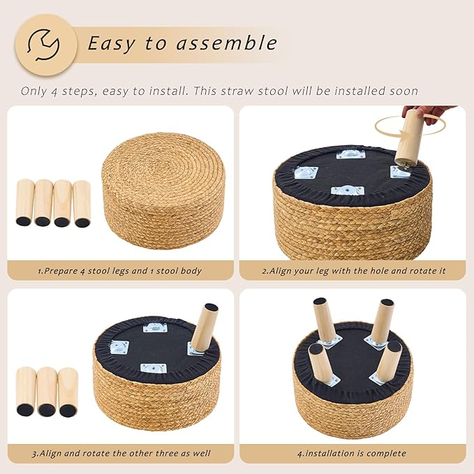 Handwoven Round Ottoman, Natural Water Hyacinth Outdoor Patio Pouf Seagrass Low - Image 6