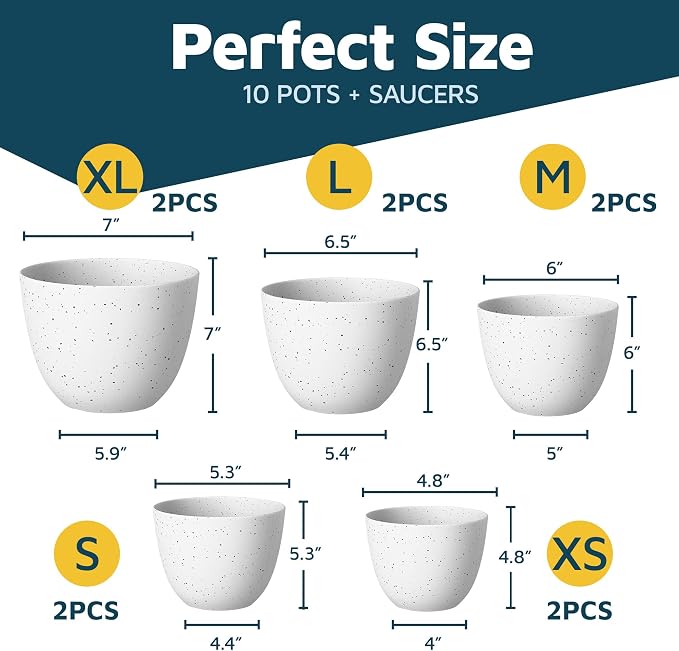 White Gray Plant Pots with Drainage Holes & Saucers 10 Pack, Indoor & Outdoor - Image 2