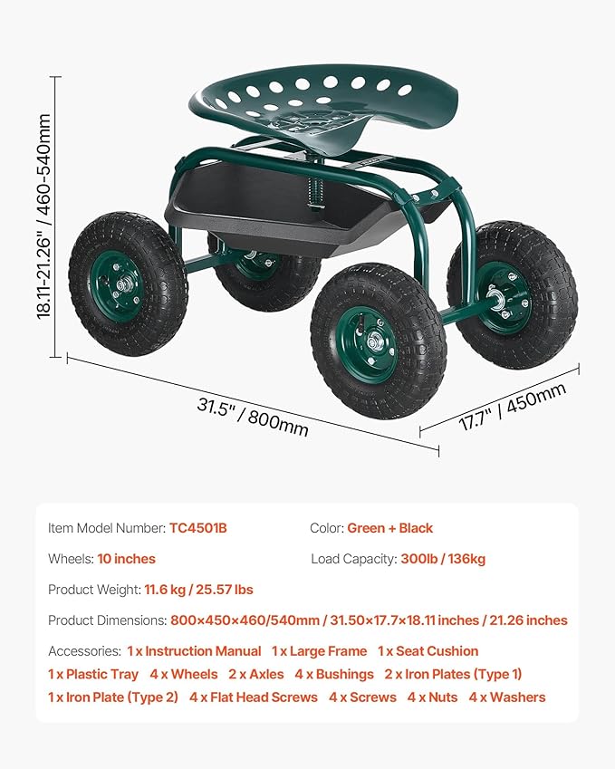 VEVOR Rolling Garden Cart with Swivel Seat, Heavy Duty Garden Seat with Storage - Image 7