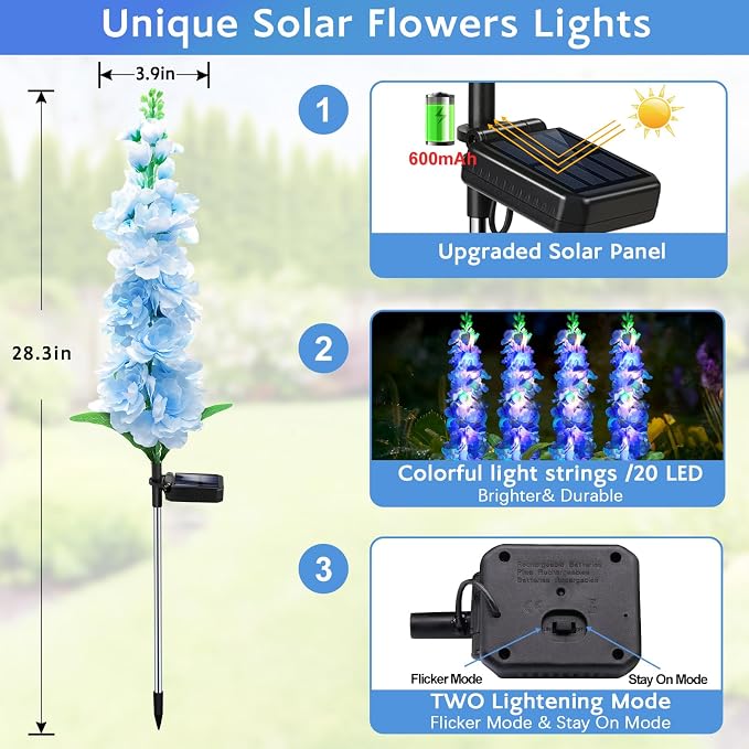 Solar Garden Lights, Solar Blue Delphinium Flowers Lights 4 Pack 80 LEDs - Image 2