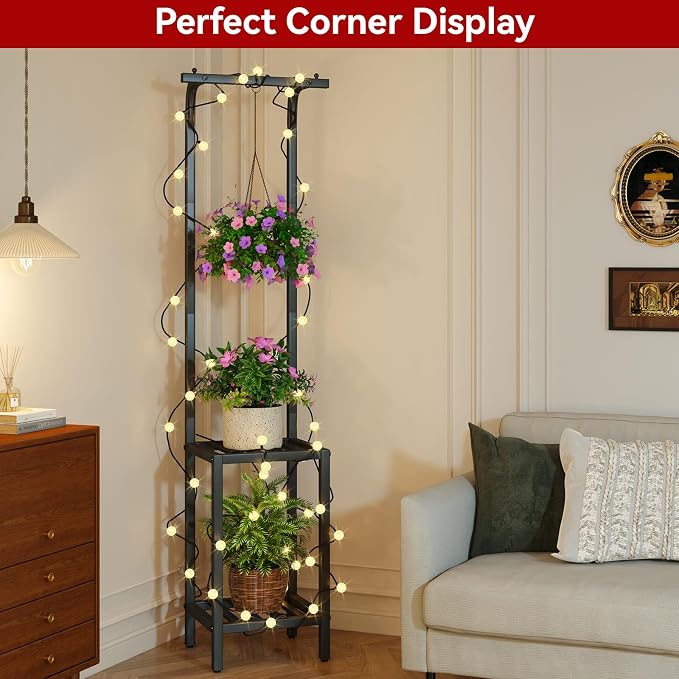 IBUYKE 67 Inch Tall Plant Stand Indoor Outdoor, 3 Tier Metal Hanging Plant Shelf - Image 5