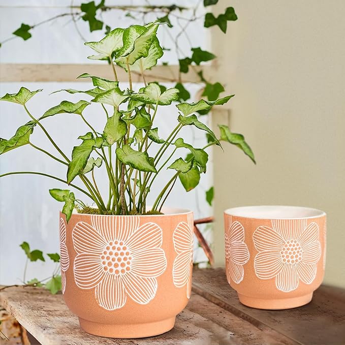 YBX 8 Inch + 6 Inch White Flower Pattern Plant Pots, Sand Glazed Ceramic Planter - Image 2