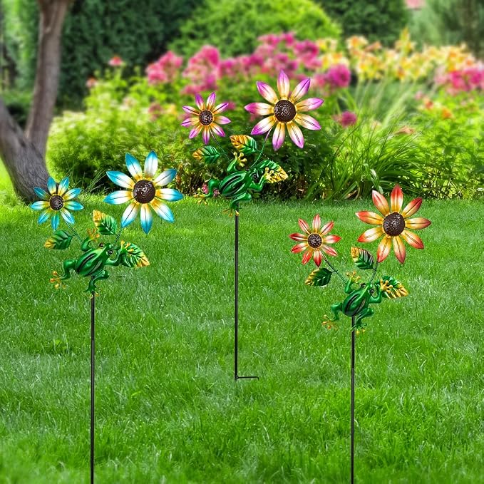 3 Pack Frog＆Flowers Garden Stakes Decor, Metal Yard Art Decorative Garden Stakes - Image 4