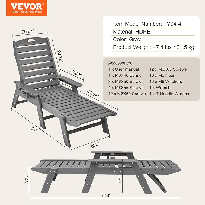 VEVOR Chaise Lounge Chair, 400 lbs Weight Capacity, 6 Positions Adjustable - Image 3