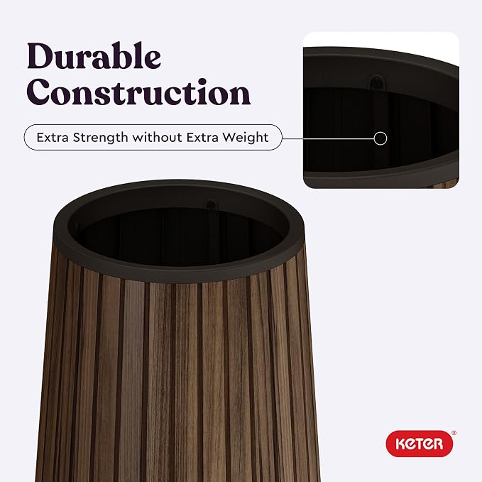 Keter Signature Conic 28.5 Inch Tall Round Large Wood Look Planter - Image 9