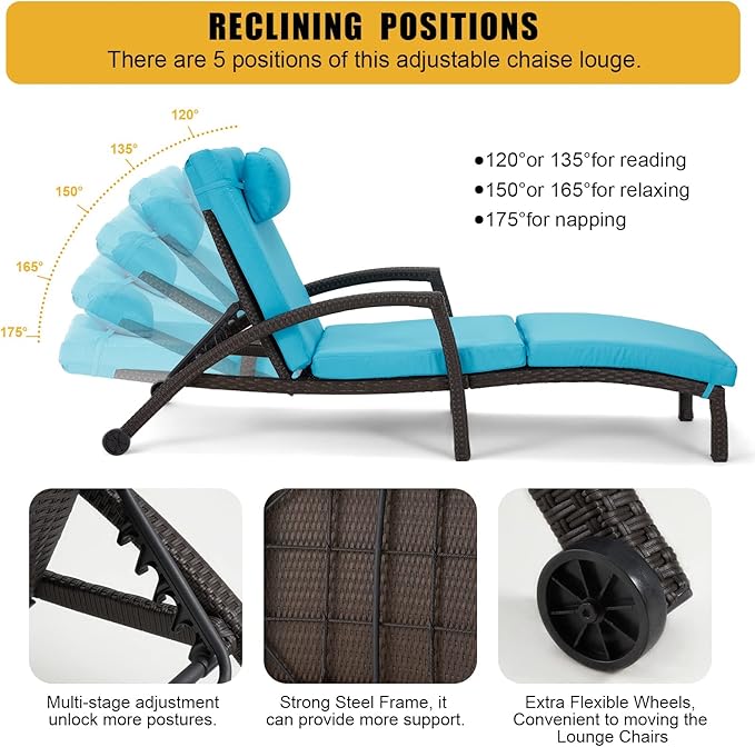 HOMREST Chaise Lounge Chairs Set of 6, PE Rattan Wicker Lounge Chair - Image 4