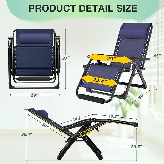 Suteck Oversized Zero Gravity Chair, 29In XL Outdoor Recliner Chair w/Removable - Image 2