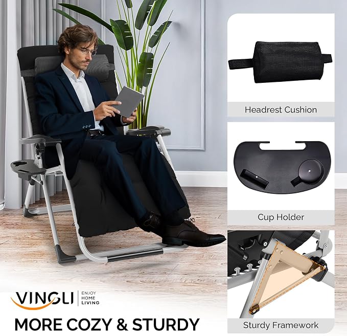 VINGLI 29" Padded Zero Gravity Chair, Lounge Chair - Image 4