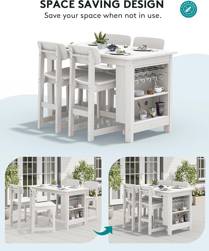 SERWALL Outdoor Bar Table and Chairs Set, 5-Piece HDPE Counter Height Patio - Image 6