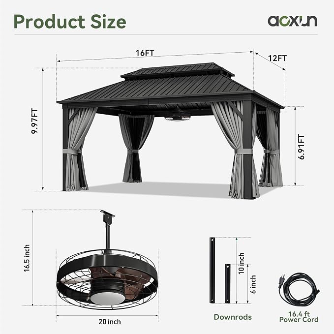 Aoxun 12'x16' Hardtop Gazebo, Aluminum Frame Canopy - Image 7