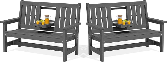 SERWALL Outdoor Bench with Cup Holder, All Weather Patio Benches with High by SERWALL