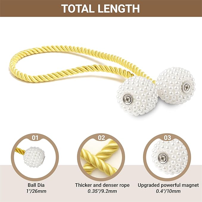 Hion Magnetic Curtain Tiebacks Golden 6 Pack, Curtain Tiebacks Buckles - Image 2