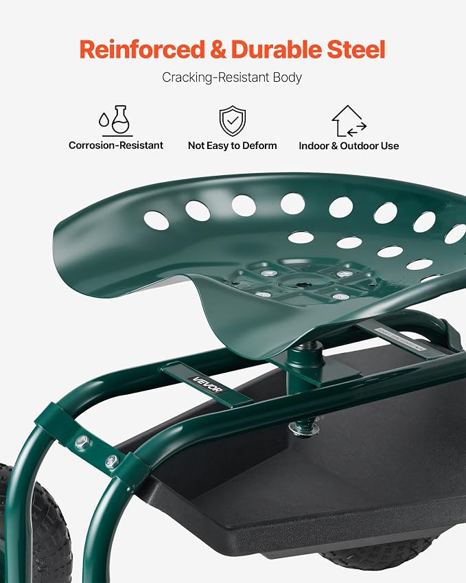 VEVOR Rolling Garden Cart with Swivel Seat, Heavy Duty Garden Seat with Storage - Image 5