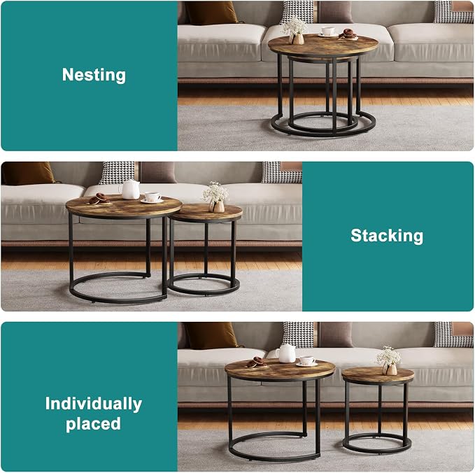 Smuxee Nesting Coffee Table Set of 2, 23.6" Round Coffee Table Rustic Wood Top - Image 5