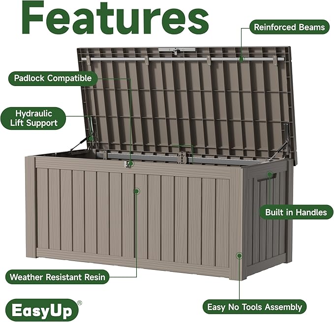 EasyUp 150 Gallon Outdoor Storage Box, Resin Waterproof UV-Resistant Deck Box - Image 3