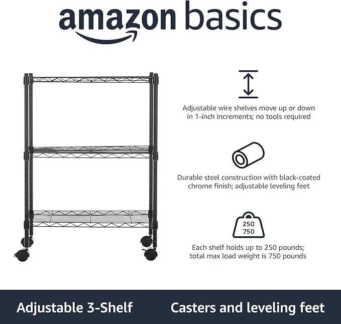 Amazon Basics 3-Shelf Adjustable Heavy Duty Storage Shelving Unit on 2" Wheels - Image 4