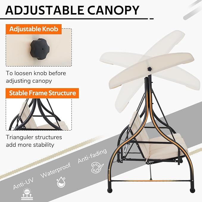 U-MAX Porch Swing with Cover, Patio Swing with Adjustable Backrest&Canopy 3 - Image 4