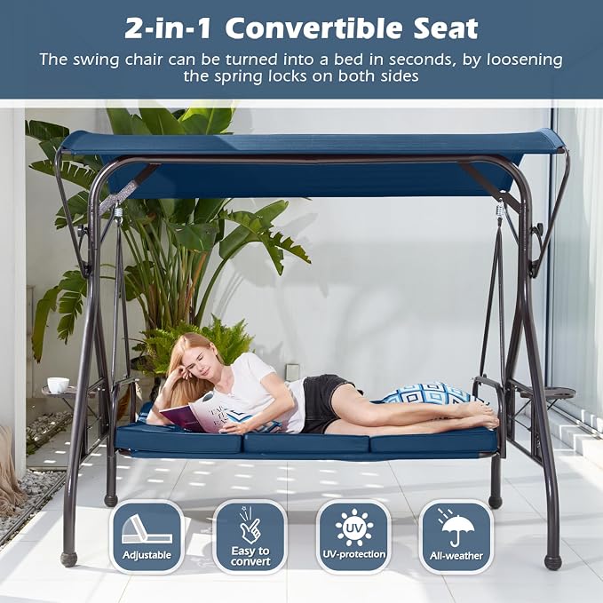 800LBS Patio Swing with Canopy 3 Seat Outdoor Porch Swing with Stand w/Cup - Image 2