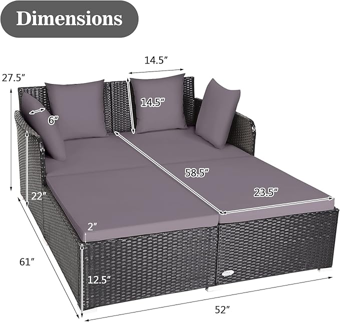 Outdoor Rattan Daybed, Patio Loveseat Sofa Set w/Comfortable Cushions, Extra - Image 2