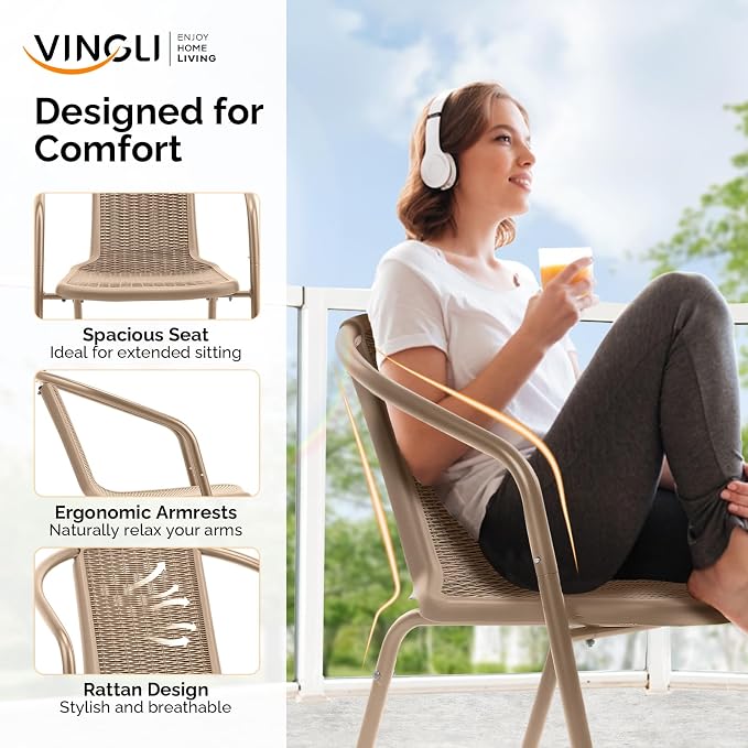 VINGLI PE Rattan Outdoor Dining Chairs Set of 4, Plastic Stackable Patio Chairs - Image 5