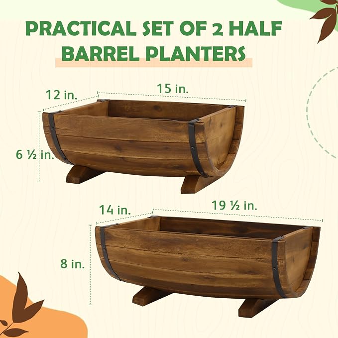 IDZO Solid Acacia Wood Half Barrel Planters Outdoor Set of 2 Different Sizes - Image 2