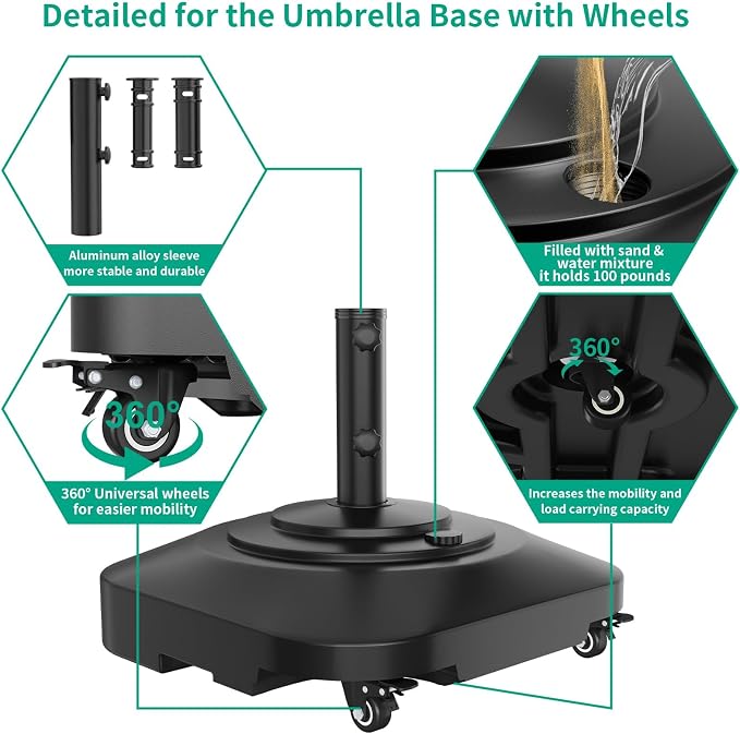 Umbrella Base with 5 Wheels, Upgraded 145lb Umbrella Stand Base, Heavy Duty & - Image 6