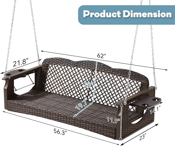 3 Seat Porch Swing, Wicker Patio Swing - Image 7